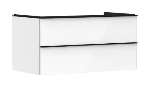 Weißer Waschtischunterschrank mit zwei Schubkästen und schwarzer Abdeckung, von Hansgrohe, geeignet für Konsolenwaschtische.